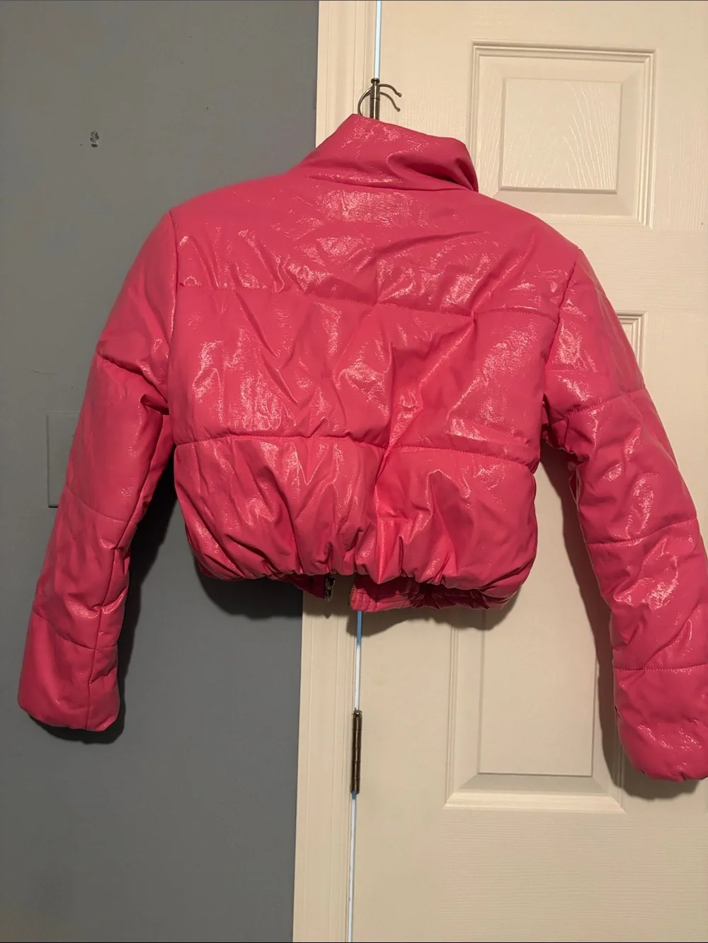 Ambiance Shiny Hot Pink Cropped Puffer Jacket